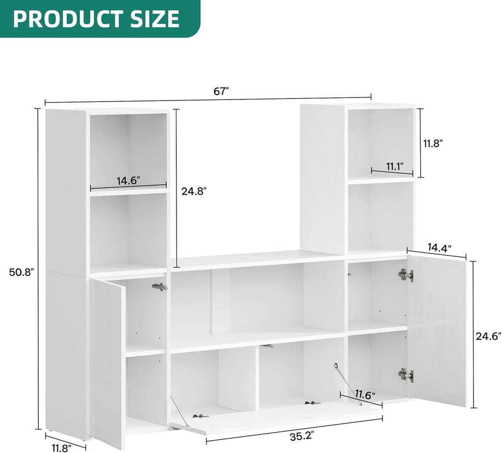 YITAHOME Castle Bookcase with Storage & Adjustable LED Lights, U-Shaped White Bookshelf with Cabinet, UV High-Gloss Display Unit, Cube Organizer for Living Room, Home Office and Bedroom