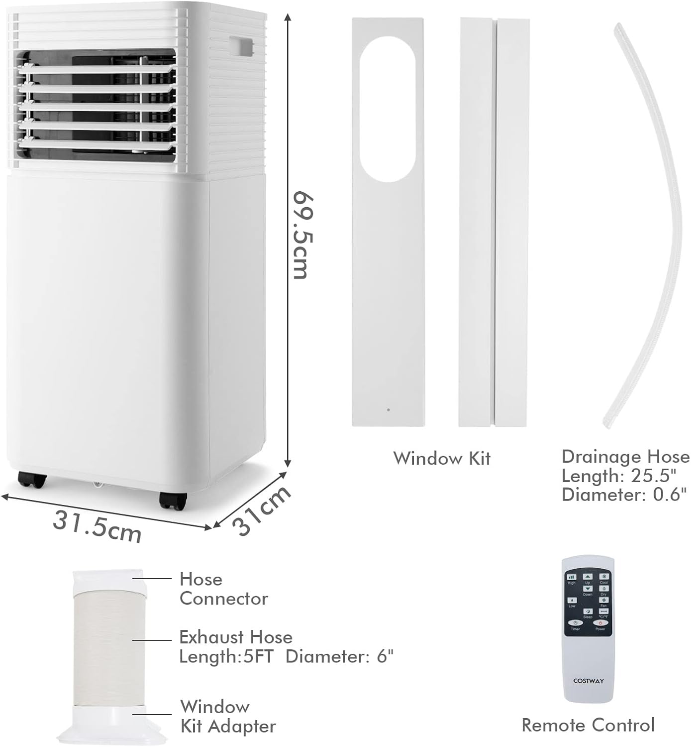 ARLIME Portable Air Conditioners, 8000 BTU Air Unit Cools up to 230 sq. ft. Freestanding Air Cooler w/Fan & Dehumidifier, Remote Control, Window Mount Kits for Home Office, White+Black