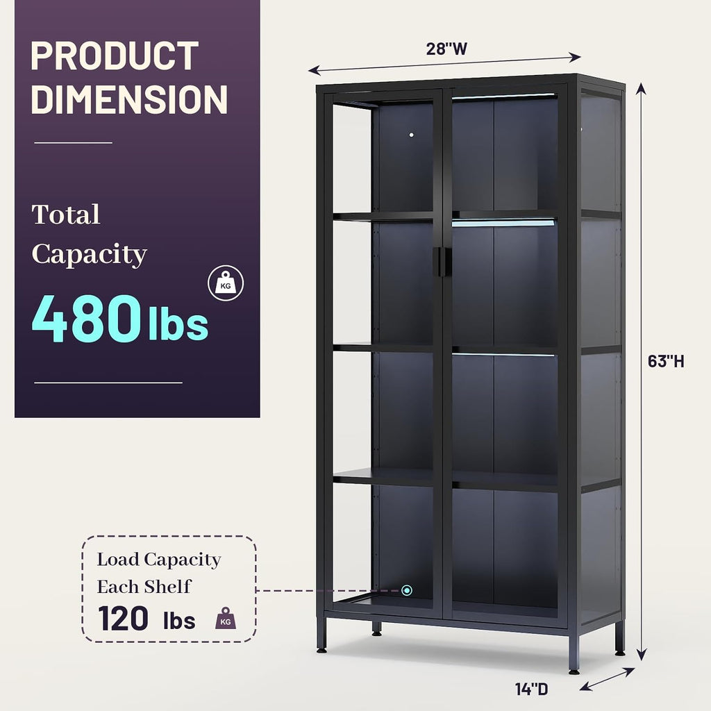 63' H Display Cabinet with Glass Doors,Display Case with LED Sensor Lights,Glass Display Cabinet with Adjustable Shelves and Feet,Display Cabinets for Living Room/Bedroom/Kitchen
