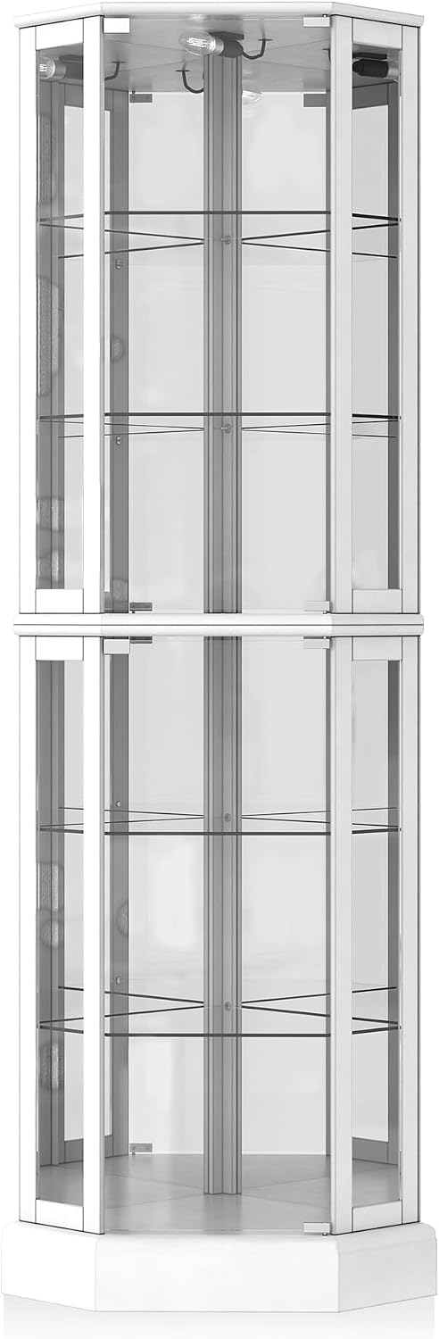 BELLEZE Lighted 3-Side Glass Display Curio Cabinet with Tempered Glass Doors and Shelves, Curved Wood Corner Cabinet with Bulb, Corner Curio Storage Rack for Bar and Liquor Storage - Ashfield (White)