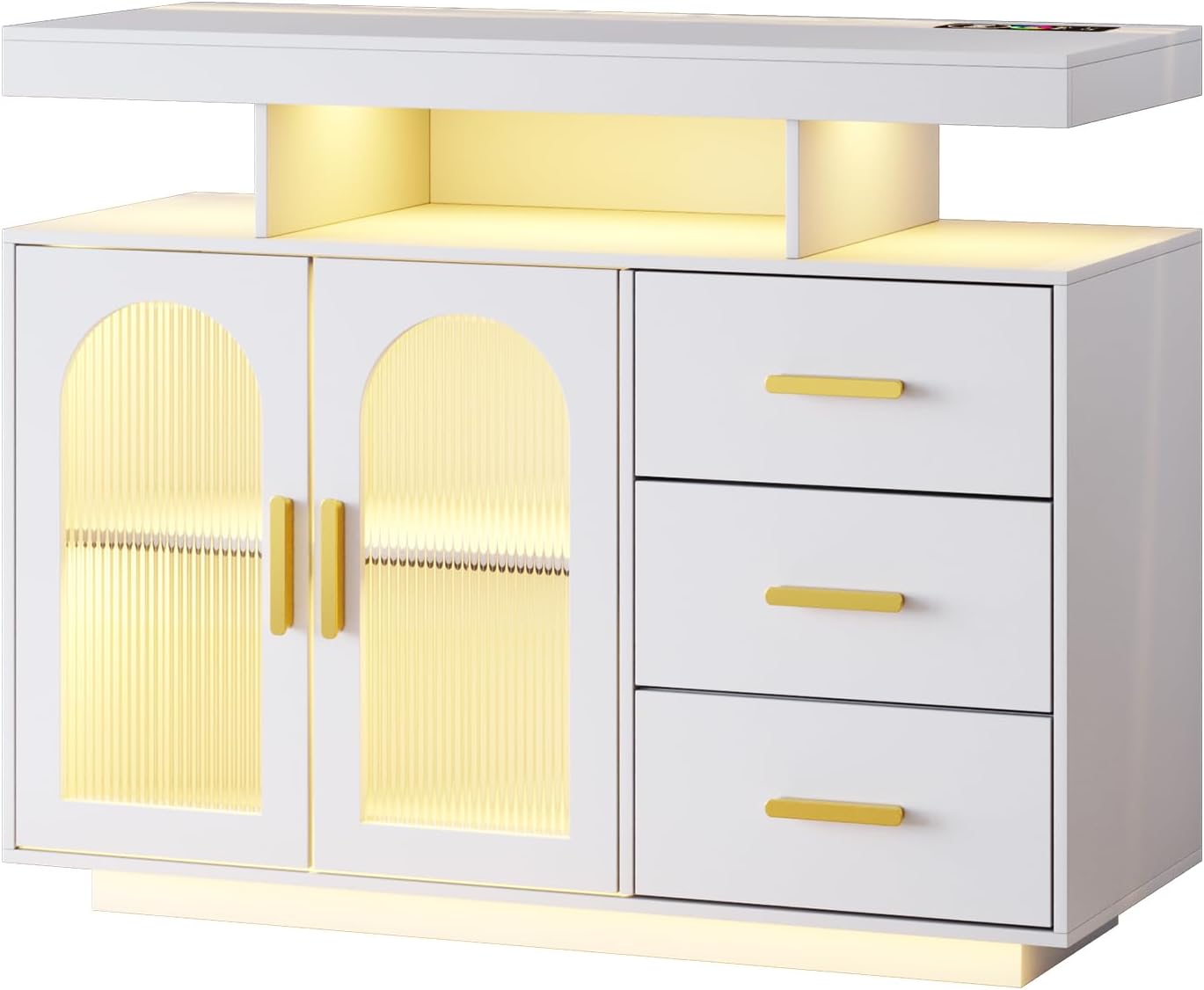 HNEBC LED Sideboard Buffet with Charging Station, Smart Bar Cabinet with Auto RGB Lighted, Coffee Bar with 3 Drawers/Adjustable Shelf for Living Room, Dining Room,Home Storage (White)