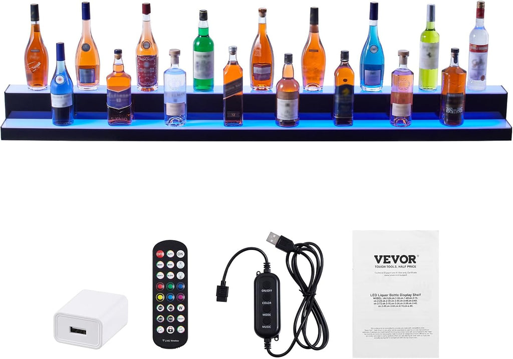 VEVOR LED Lighted Liquor Bottle Display, 2 Tiers 72 Inch Commercial Illuminated Home Bar Shelf, 2 Steps Whiskey Rack Stand, Acrylic Drink Shelves with RF Remote & App Control, and Multicolor Light