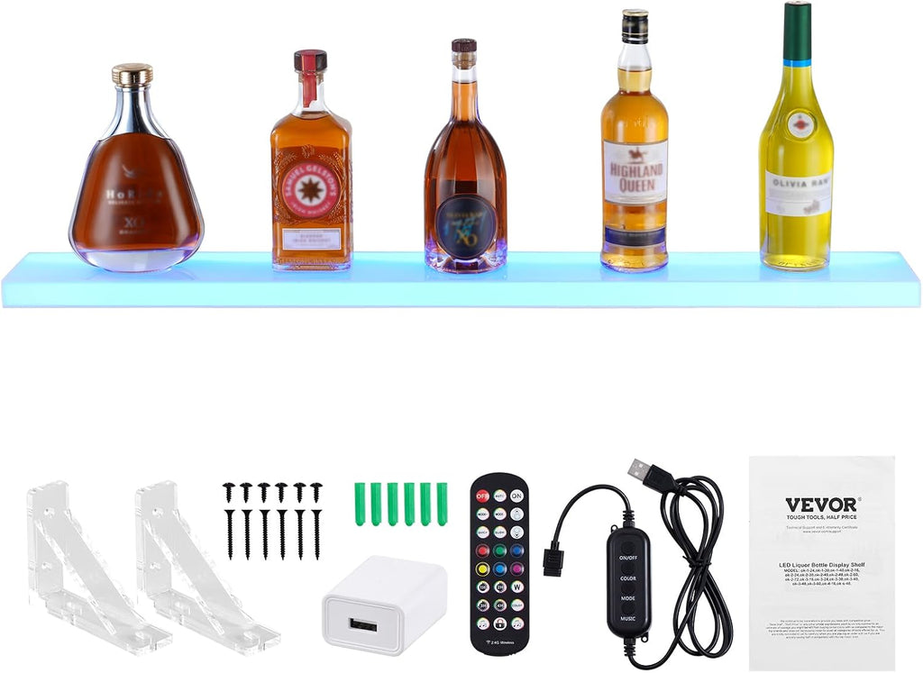 VEVOR LED Lighted Liquor Bottle Display, 1 Tier 40 Inch Wall Mounted Whiskey Rack Stand, 1 Step Commercial Illuminated Home Bar Shelf, Acrylic Drinks Light Shelves with RF Remote & App Control