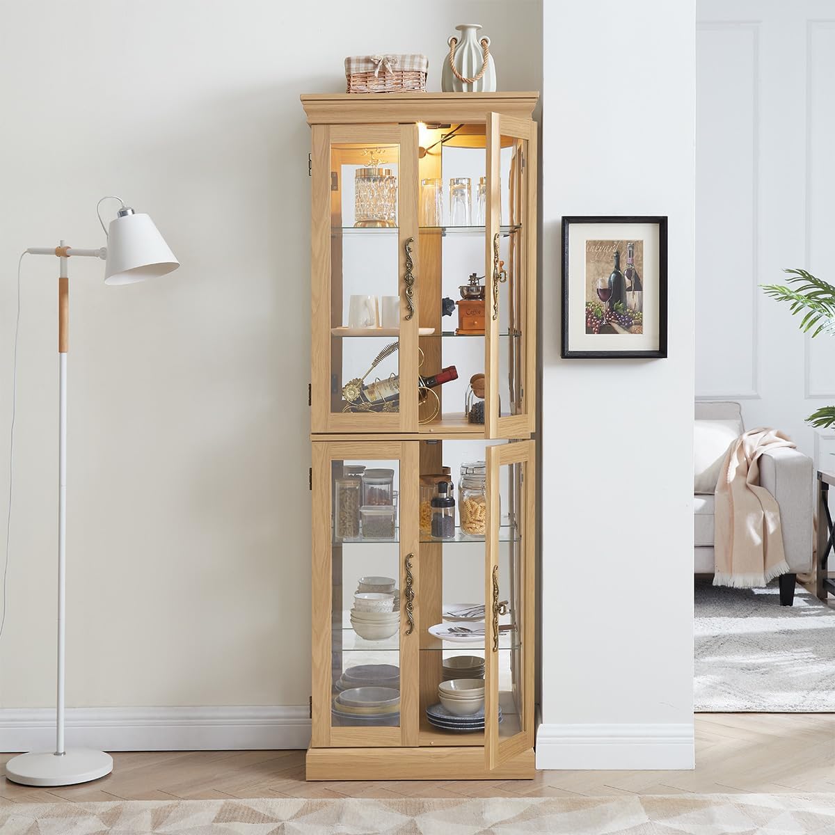 Lighted Glass Curio Cabinet with Lights & Adjustable Shelves,Corner Curio Display Cabinet with Wood Frame (Free Standing,Light Bulb Include)