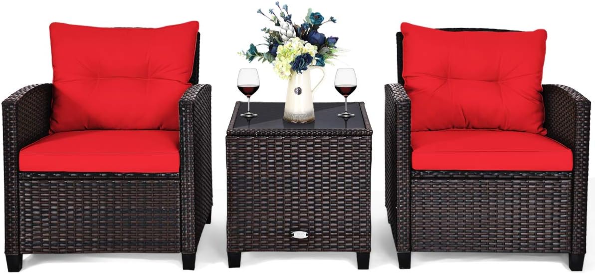Tangkula 3 Pieces Patio Furniture Set, PE Rattan Wicker 3 Pcs Outdoor Sofa Set w/Washable Cushion and Tempered Glass Tabletop, Conversation Furniture for Garden Poolside Balcony (Red)
