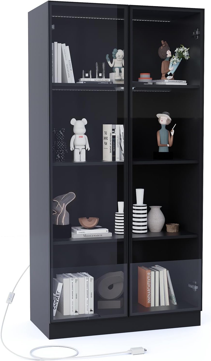 Glass Display Cabinet with LED Lights Set of 2, Display Case Bookcase with 4-Tier Shelves, Curio Cabinet with 2 Glass Doors, Storage Cabinet for Collectibles, Living Room