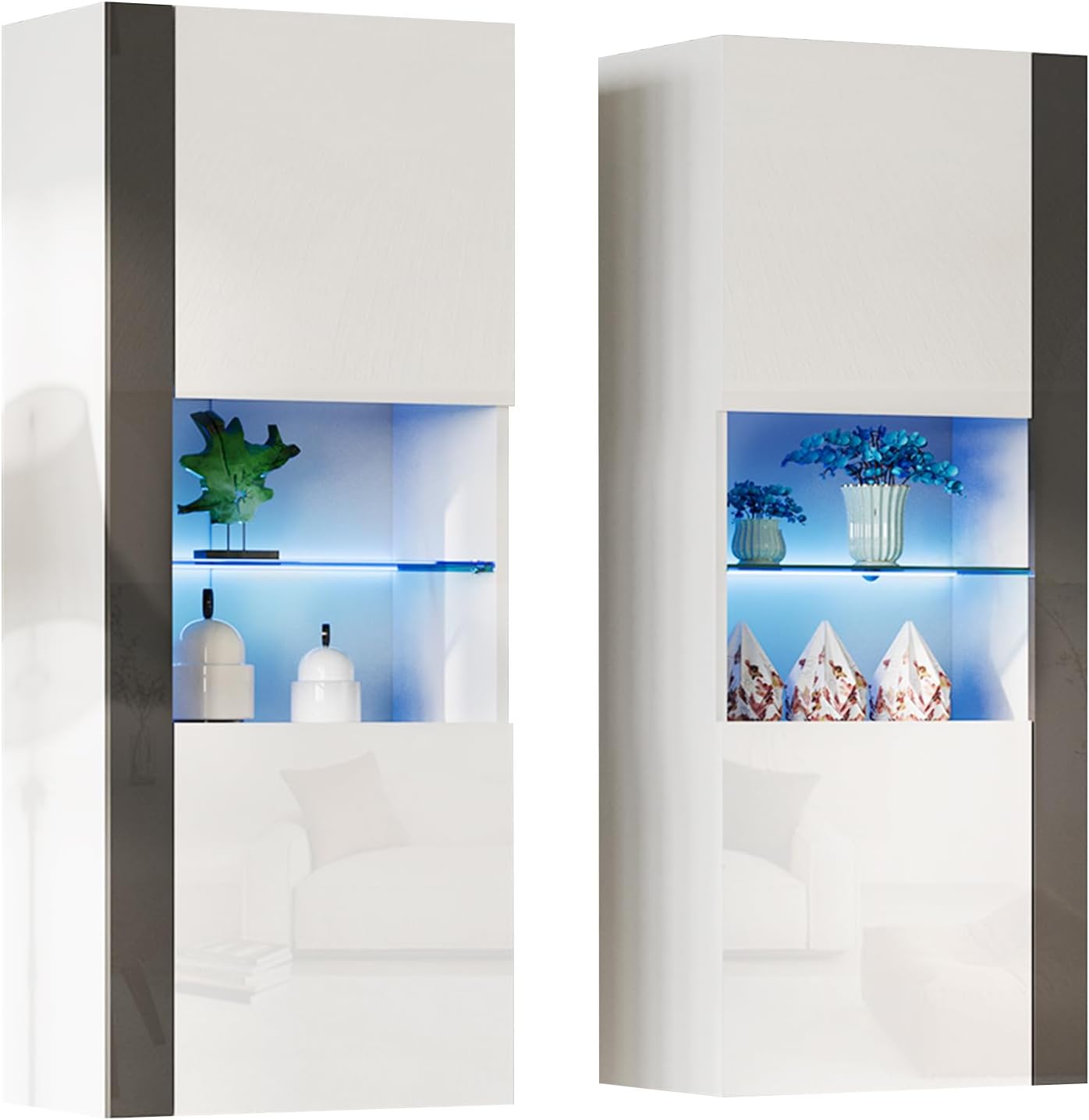 AMERLIFE Wall Storage Cabinets with LED Lights, Modern High Gloss Hanging Cabinets with 4 Closed Doors & Open Glass Shelves, for Living Room/Bedroom/Office, White(Set of 2)