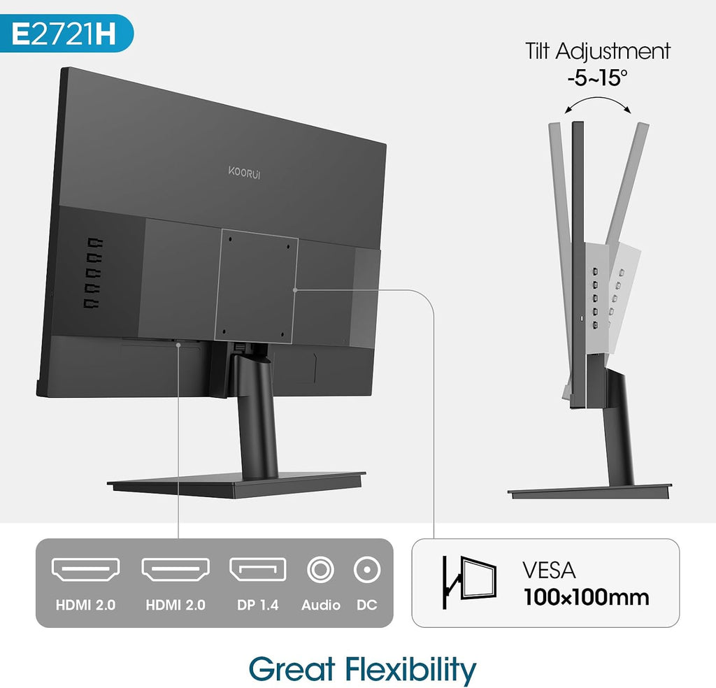 KOORUI 27 Inch QHD (2560x1440) IPS HDR Ultra-Thin Computer Gaming Monitor, 120Hz Refresh Rate, DCI-P3 95%, FreeSync & G-Sync, 1ms MPRT, VESA 100x100mm, Tilt Adjustable for Game and Work, E2721H