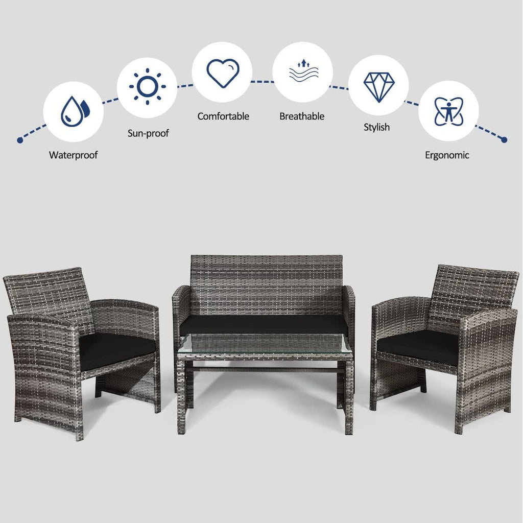 Tangkula 4 PCS Wicker Patio Conversation Set, Outdoor Rattan Sofas with Table Set, Patio Furniture Set with Soft Cushions & Tempered Glass Coffee Table for Poolside Balcony