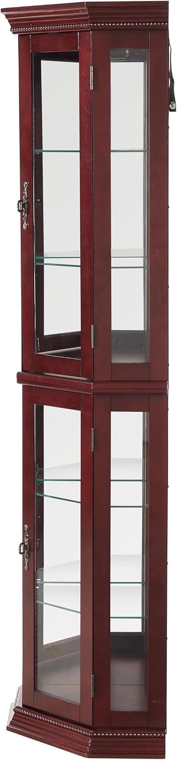 70' Tempered Glass Adjustable Showcase Cabinet, Lego Display Case with Mirrored Back & Beading, Lego Display Shelves with Built-in Lights & Handles for Home Living Room Corner, Cherry