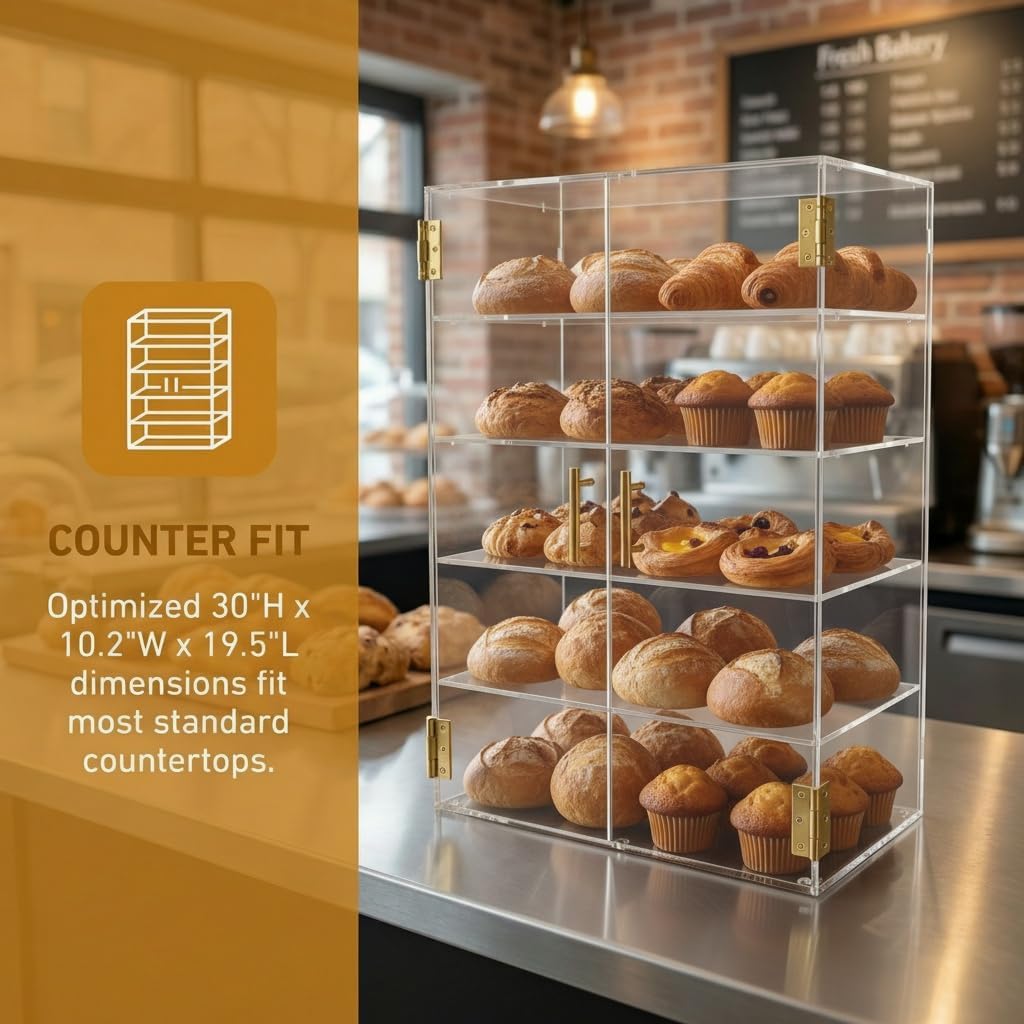 5 Tiers Large Acrylic Counter Top Bakery Display Case 5mm high Impact PETG Panels Bread Case 19.5' L X 10.2' W X 30' H Party Cake Cabinet (5 Tiers)