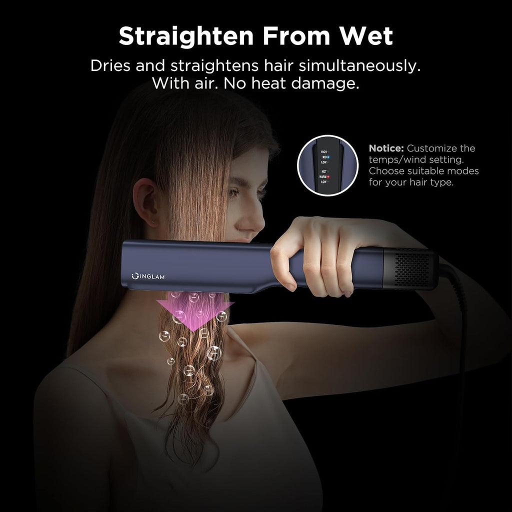 IG INGLAM Air Straightener, Style from Wet Hair, 2.2' Hair Dryer Straightener, 200M Negative Ionic, One-Step Air Straight for Medium and Long Length(14'-30'), Prussian Blue