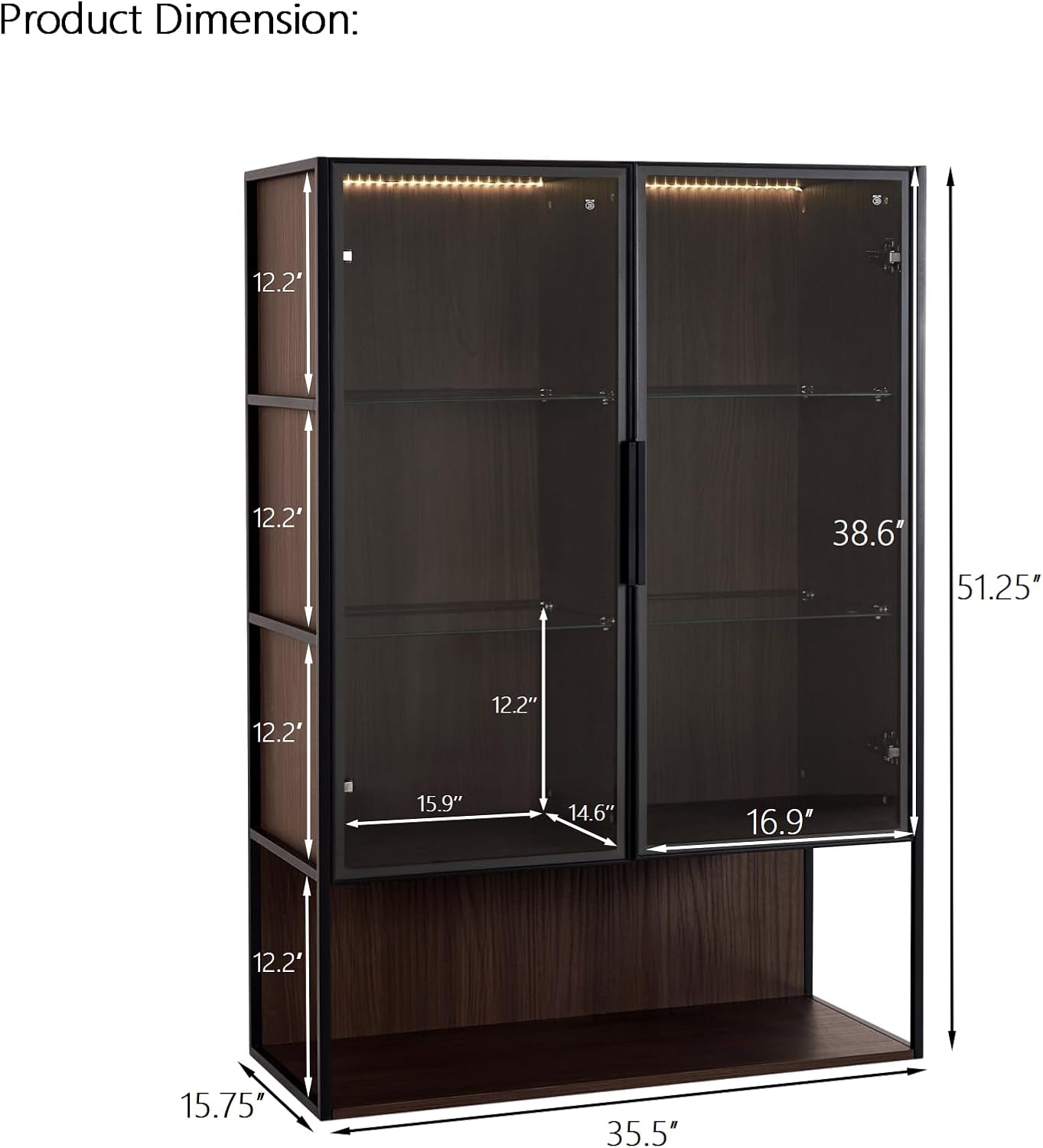 Merax Modern 4 Tier Bookshelf Black Bookcase with Glass Doors & 2 Drawers, 51.2' Tall Wood Display Cabinet with Adjustable Shelves for Living Room, Bedroom, Office Black+Walnut