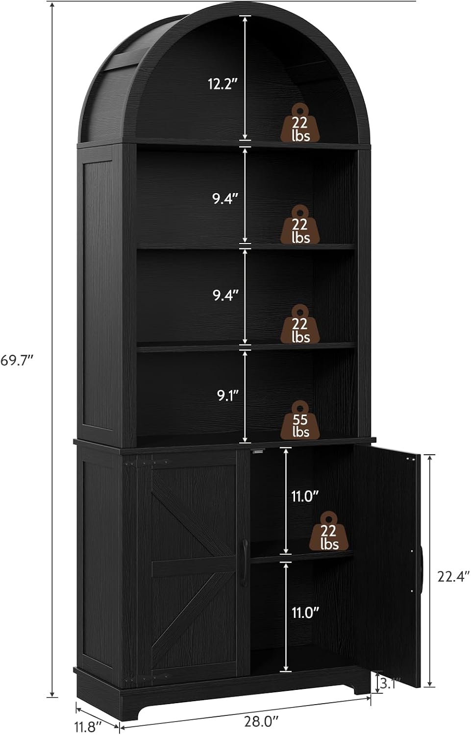 6-Tier Farmhouse Arched Bookcase with Doors, 70' Tall Wood Bookshelf with Storage,Open Shelves for Living Room or Office, Black, 1-Pack