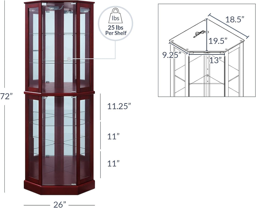 BELLEZE Lighted Corner Display Curio Cabinet Wooden Curved Shelving Unit with Tempered Glass Door, Bar and Liquor Storage Area with 6 Shelves - Ashfield (Cherry)