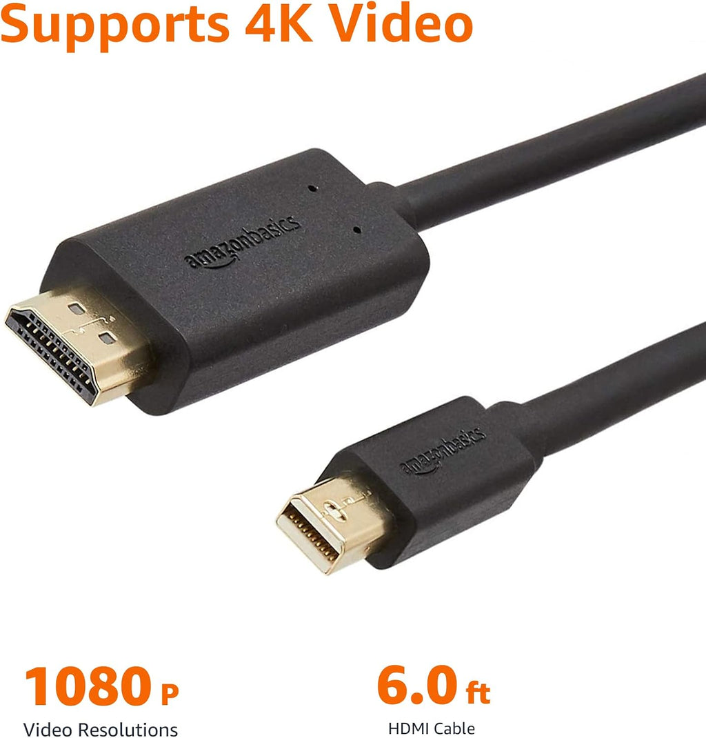 Amazon Basics Mini DisplayPort to HDMI Cable, Gold-Plated, 6 ft, Case of 52, Black