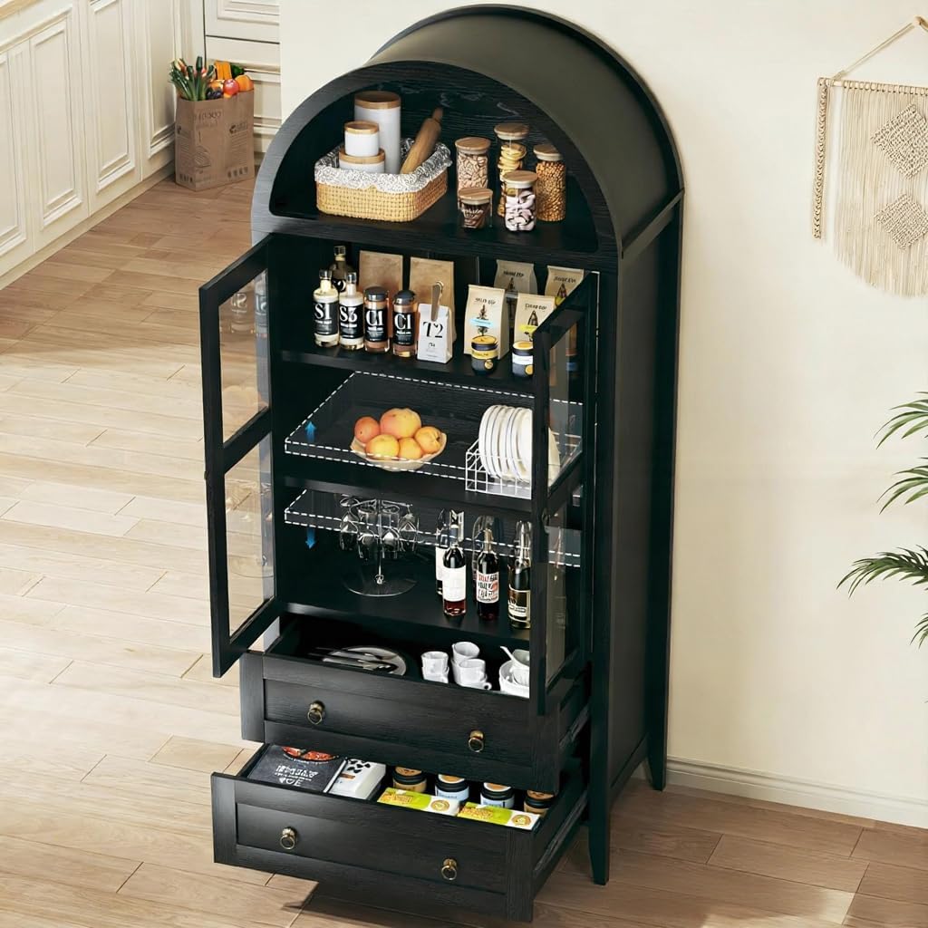 HUAHUU 71' Tall Arched Kitchen Pantry, Arched Cabinet, Kitchen Storage Cabinets with 2 Large Drawers & Adjustable Shelves & Glass Door for Living Room, Dining Room, Black