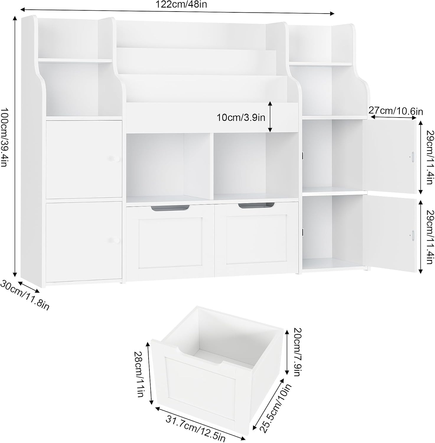 FINETONES Toy Storage Organizer, Large Toy Organizers and Storage with 8 Storage Cubbies and 2 Movable Drawers, Toy Shelf Organizer with 4 Display Shelves, 3-Tier Kids Bookshelf and Toy Storage