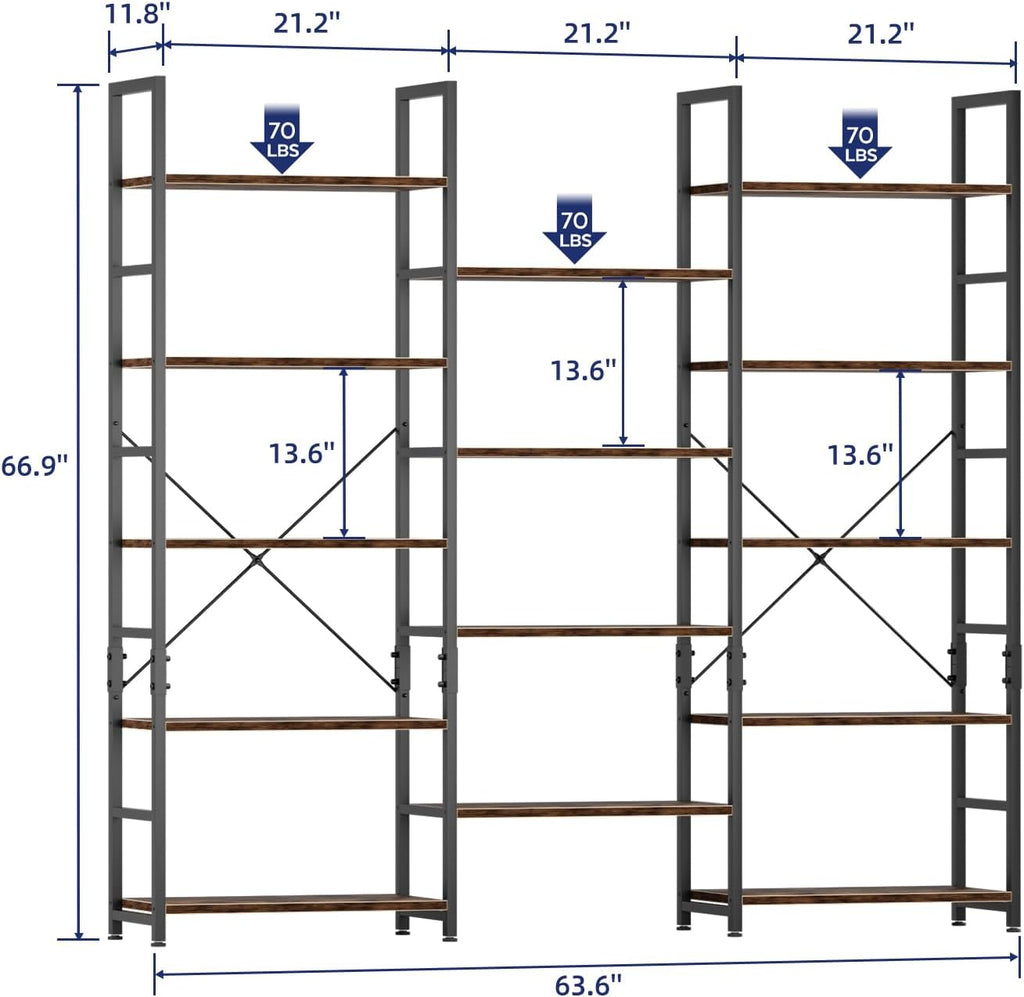 NUMENN Triple Wide 5 Tier Bookshelf, Rustic Industrial Style Bookcases with 14 Open Display Shelves, Modern Tall Bookcase Furniture for Bedroom, Living Room and Home Office, Vintage
