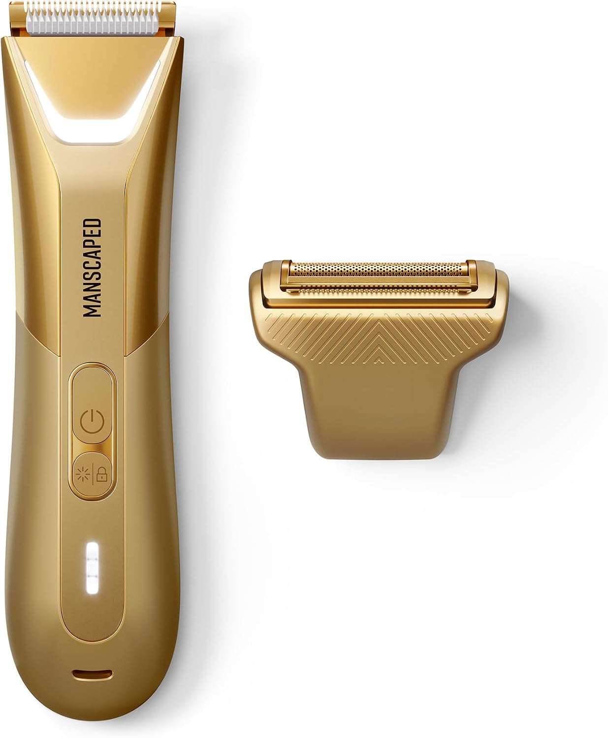 MANSCAPED® The Lawn Mower® 5.0 Ultra Groin & Body Hair Trimmer – Dual-Head SkinSafe® Trimmer & Foil Blades, Waterproof Groomer, USB-C Rechargeable with Travel Case, Men's Ball Shaver, Forged Gold
