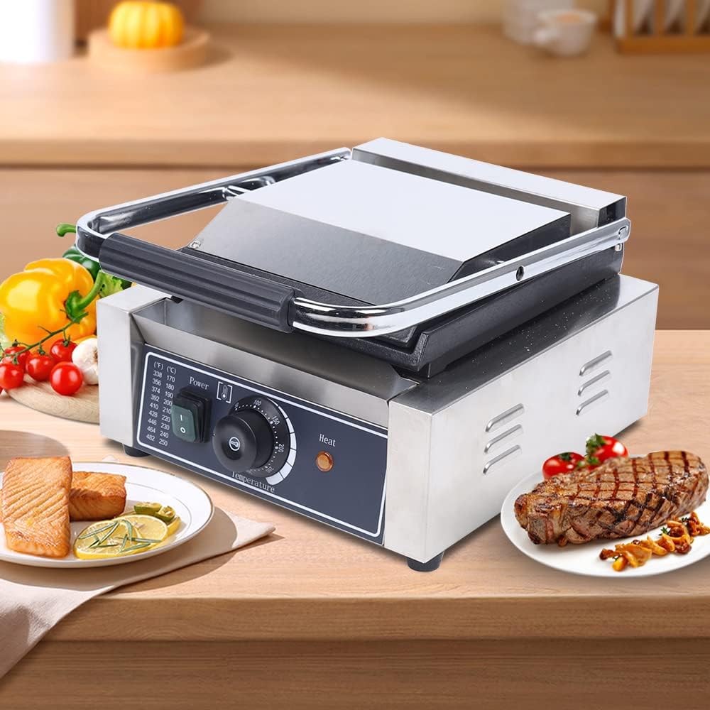 Panini Press Toaster Sandwich Maker, 110V 1800W Non-Stick Commercial Electric Griddle Contact Grill Grooved, for Hamburgers Steaks Bacons Sandwiches Sausages