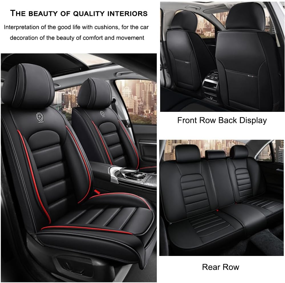 5 Seat Covers for Infiniti G35 2003-2010 Leather Car Seat Covers Waterproof Soft Car Seat Protectors Comfort Premium Automotive Seat Covers with Airbag（Standard,Black+Red Bars）