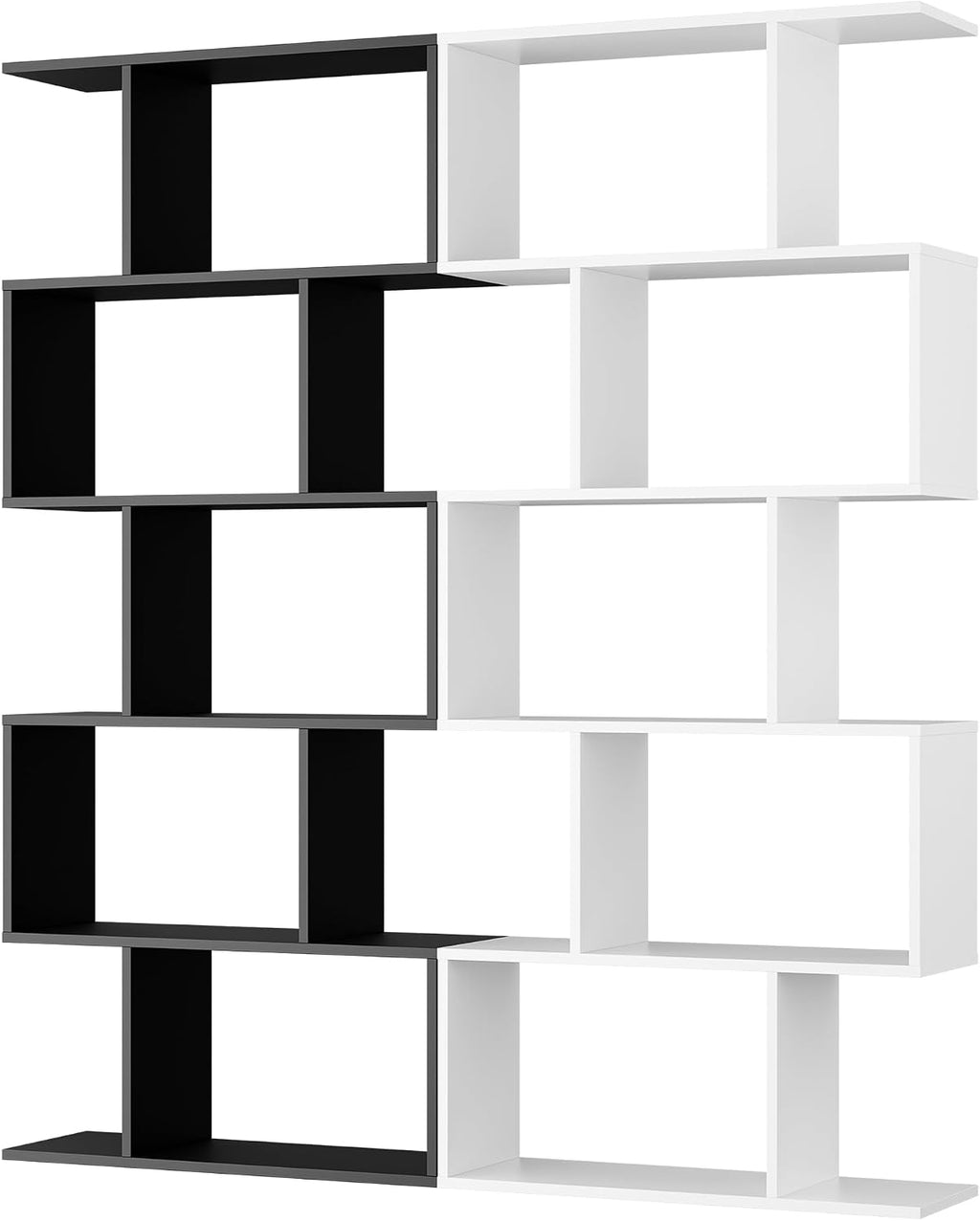Cozy Castle Set of 2 Geometric Bookcase, S-Shaped Modern Bookshelf, Room Divider Bookshelf, 62' Tall Unique Abstract Bookcase with 5-Tier Display Shelf for Living Room Office, White & Black