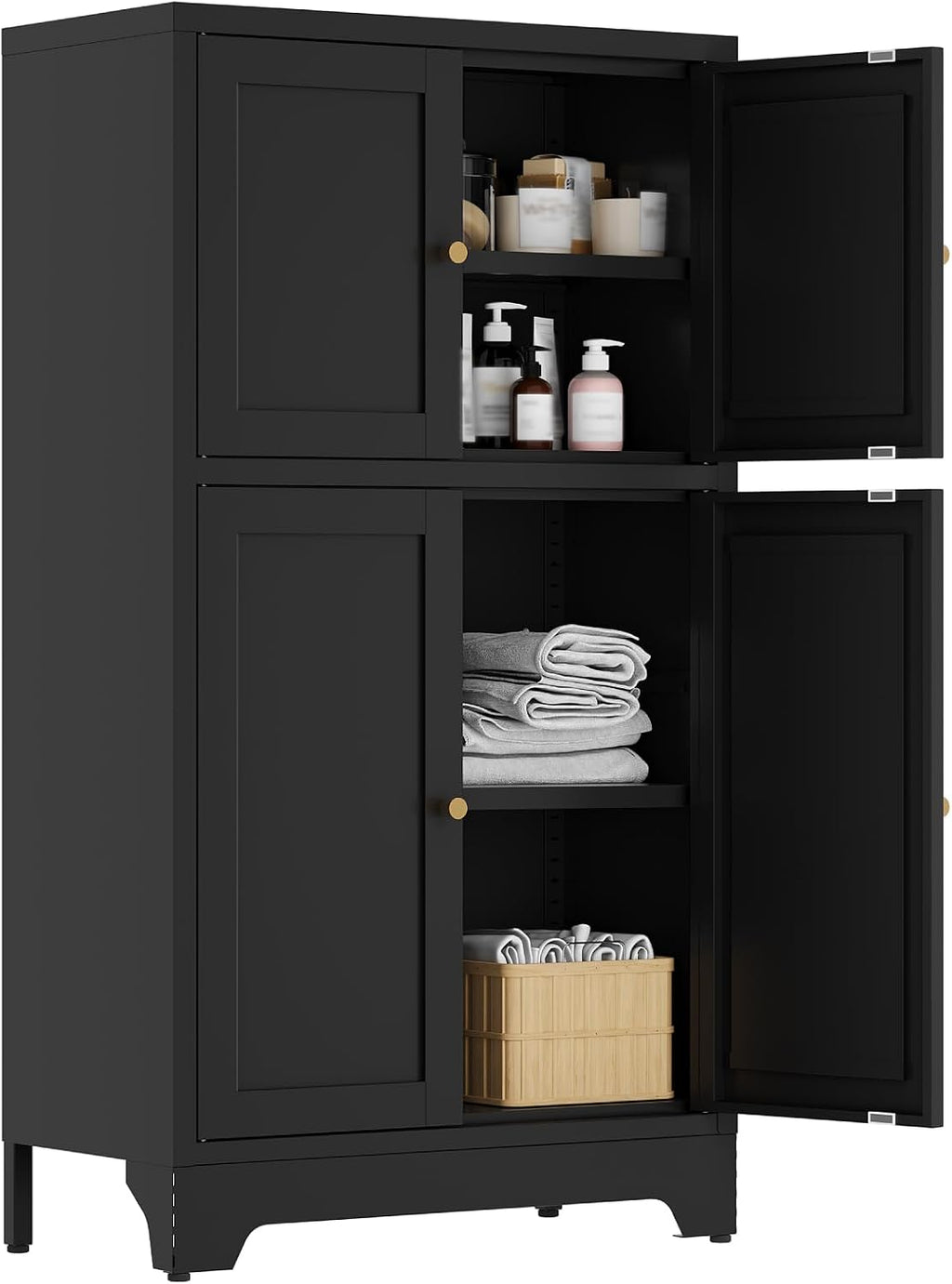 YAUWOH Bathroom Floor Cabinet, Metal Storage Cabinet with 2 Adjustable Shelves & 4 Doors,Freestanding Sideboard for Dining Room,Living Room, Home Office(1PC,Black)