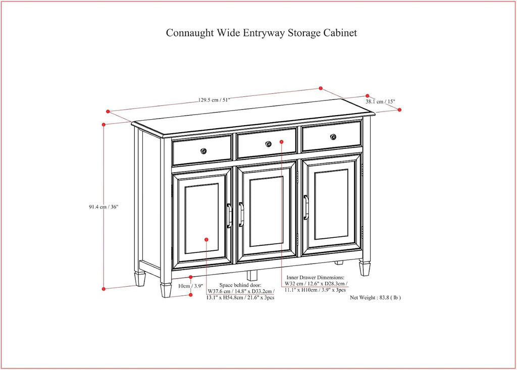 SIMPLIHOME Connaught 51-inch Wide Solid Wood Storage Cabinet in Chestnut Brown for the Entryway, Mudroom, 3 Drawers and Adjustable Shelves, Traditional Style, Space-Saving Design