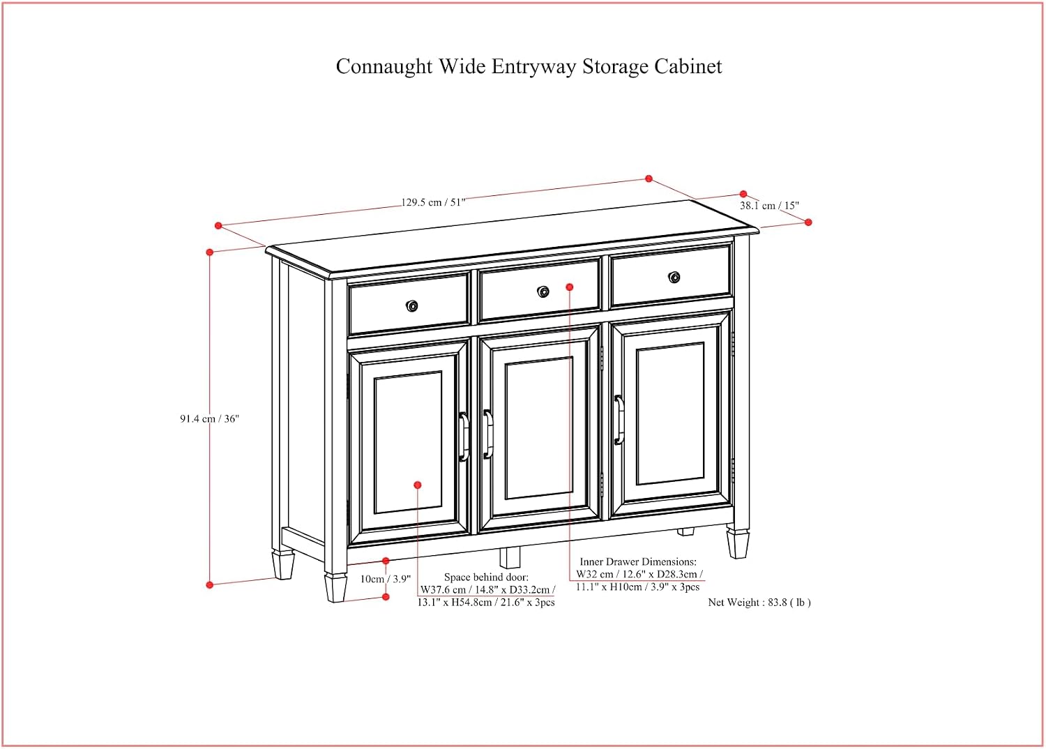 SIMPLIHOME Connaught 51-inch Wide Solid Wood Storage Cabinet in Chestnut Brown for the Entryway, Mudroom, 3 Drawers and Adjustable Shelves, Traditional Style, Space-Saving Design
