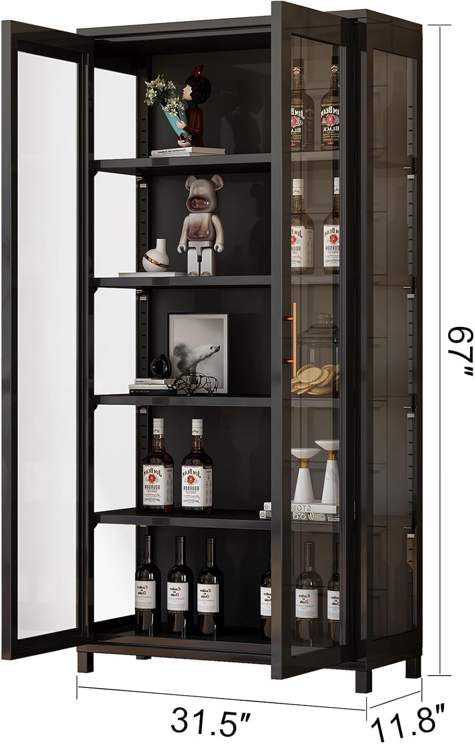 Display Cabinet with Acrylic Glass Door, 5 Tier Curio Display Case, Collectibles Toy Organizers Rack & Display Shelf, Kids Bookcase for Bedroom, Reading Nook, Toddler's Room, Bamboo