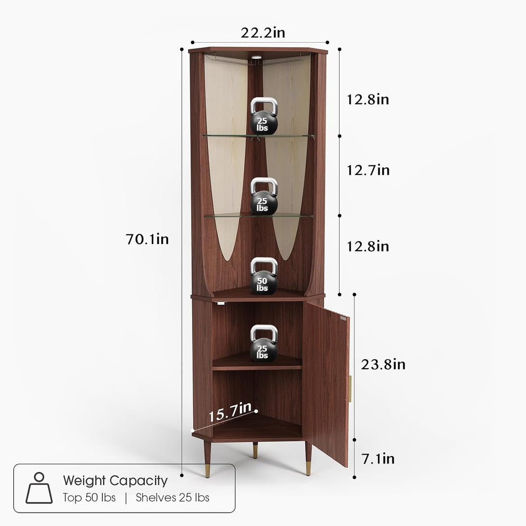 JOINICE 70' Tall Corner Cabinet,Mid Century Modern Cabinet with Doors,Fluted Corner Bar Cabinet with Glass Holder,Lights and Storage Shelves,Wine Bar Cabinet for Liquor, Living Room, Kitchen, Walnut