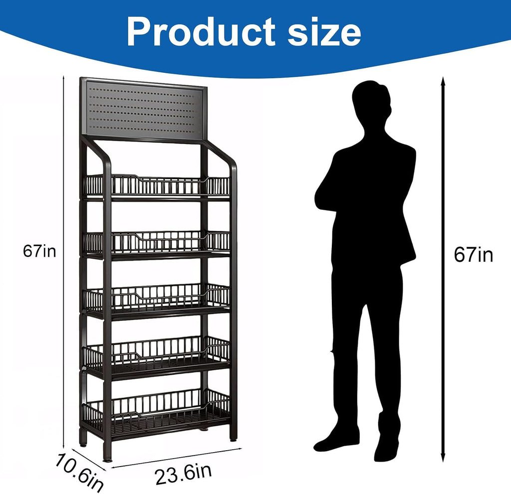 5 Tier Retail Display Rack, Snack Organizer Stand With Wheels & Hooks, Candy Potato Chip Metal Wire Display Shelf Cart for Supermarket and Home Kitchen, Black