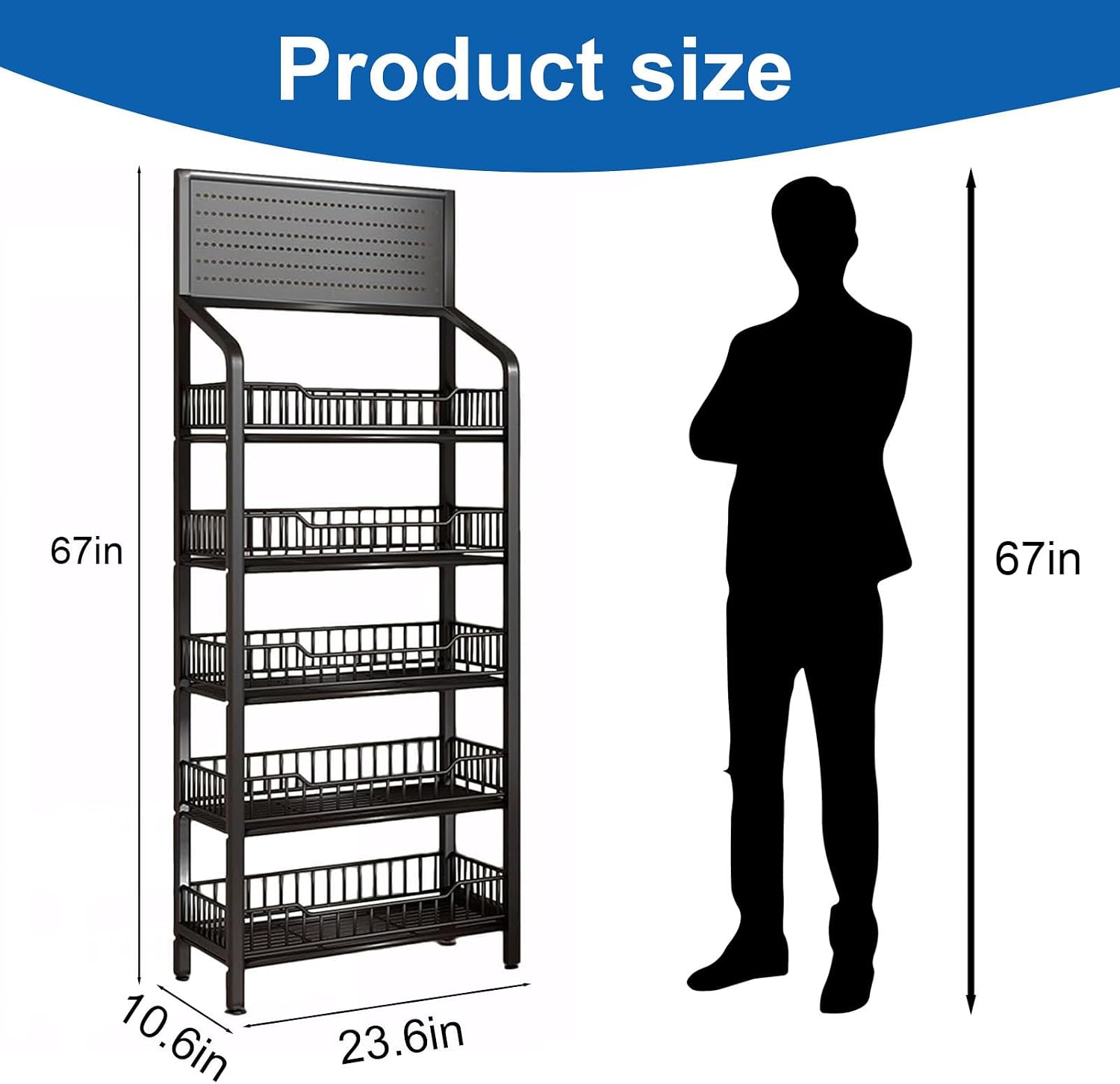 5 Tier Retail Display Rack, Snack Organizer Stand With Wheels & Hooks, Candy Potato Chip Metal Wire Display Shelf Cart for Supermarket and Home Kitchen, Black