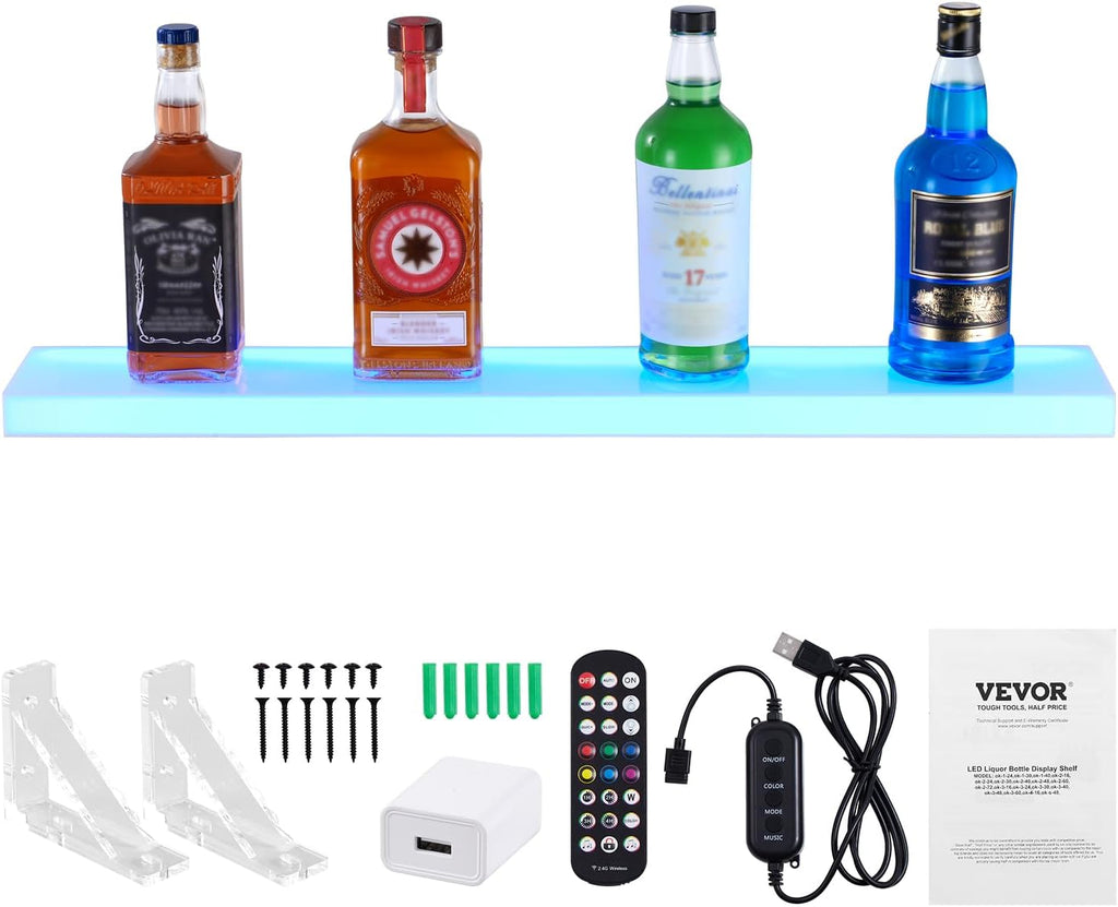 VEVOR LED Lighted Liquor Bottle Display, 1 Tier 30 Inch Wall Mounted Whiskey Rack Stand, 1 Step Commercial Illuminated Home Bar Shelf, Acrylic Drinks Light Shelves with RF Remote & App Control