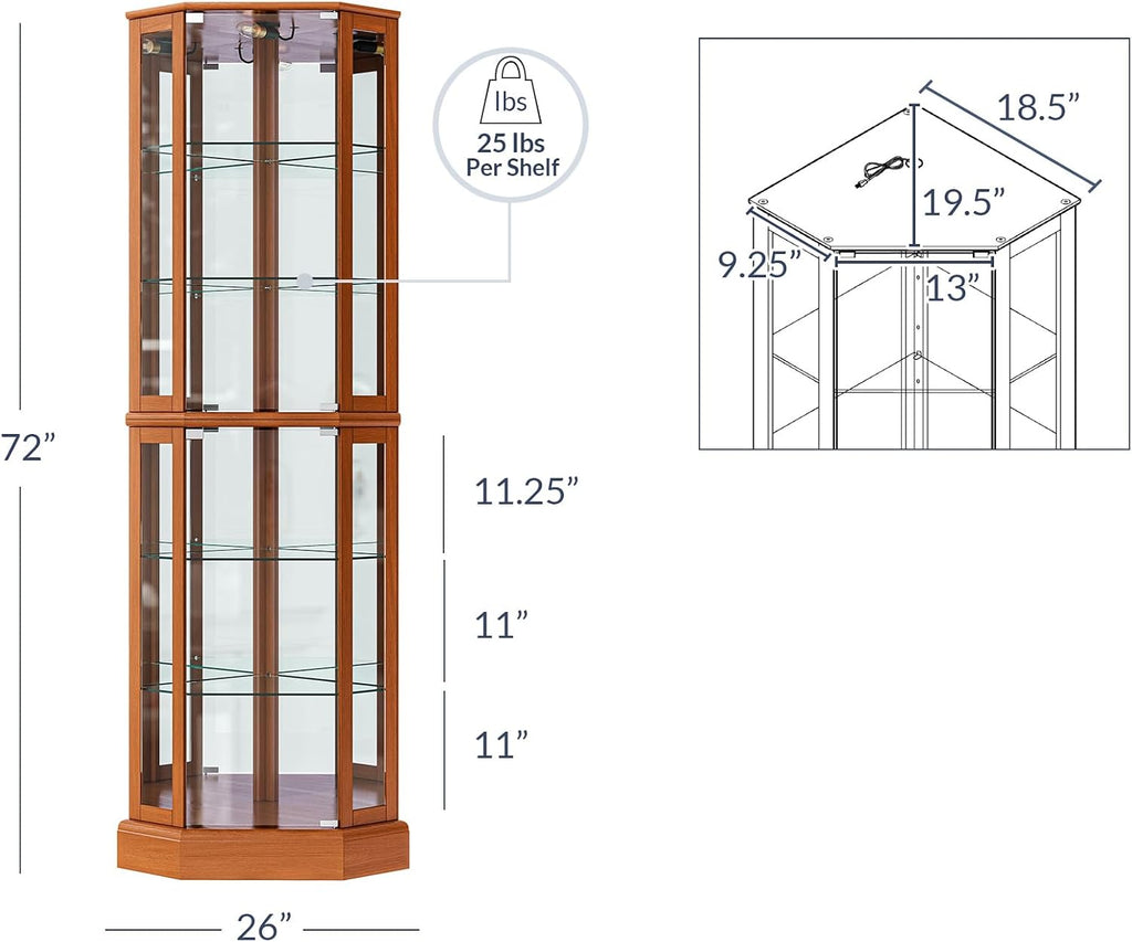 BELLEZE Lighted Curio Cabinet Corner Display Case for Living Room, China Hutch with Tempered Glass Doors and Shelves, Wooden Accent Cabinet, Bar and Liquor Storage Area - Ashfield (Oak)