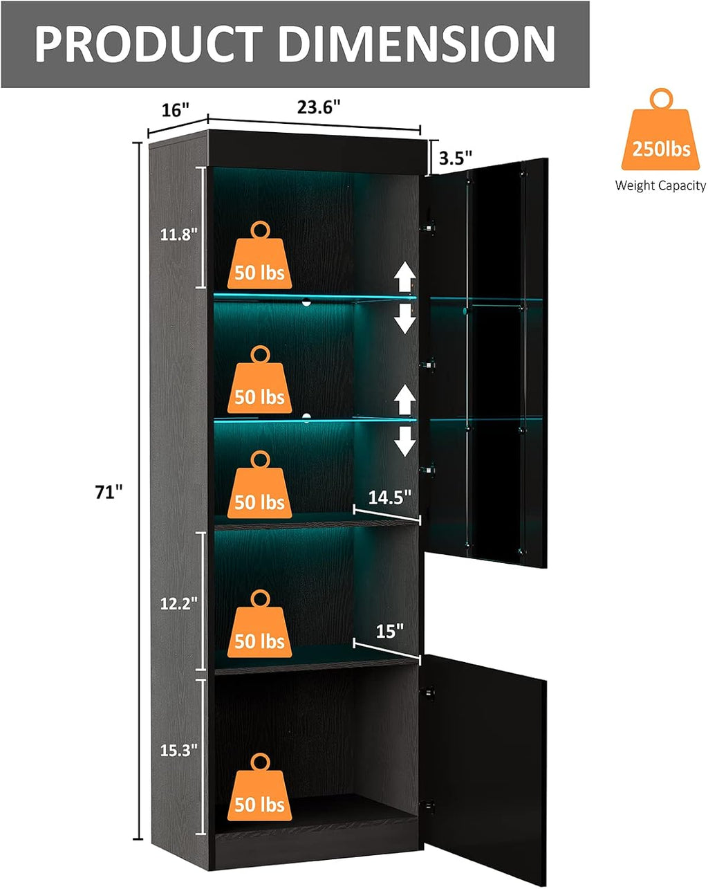 AMERLIFE 2 Piece 71in Tall Bookcase Storage Cabinet with Glass Doors, Modern High Gloss LED Bookshelf Display with 5 Tiers for Storage & Adjustable Glass Shelves for Living Room, Office, Black