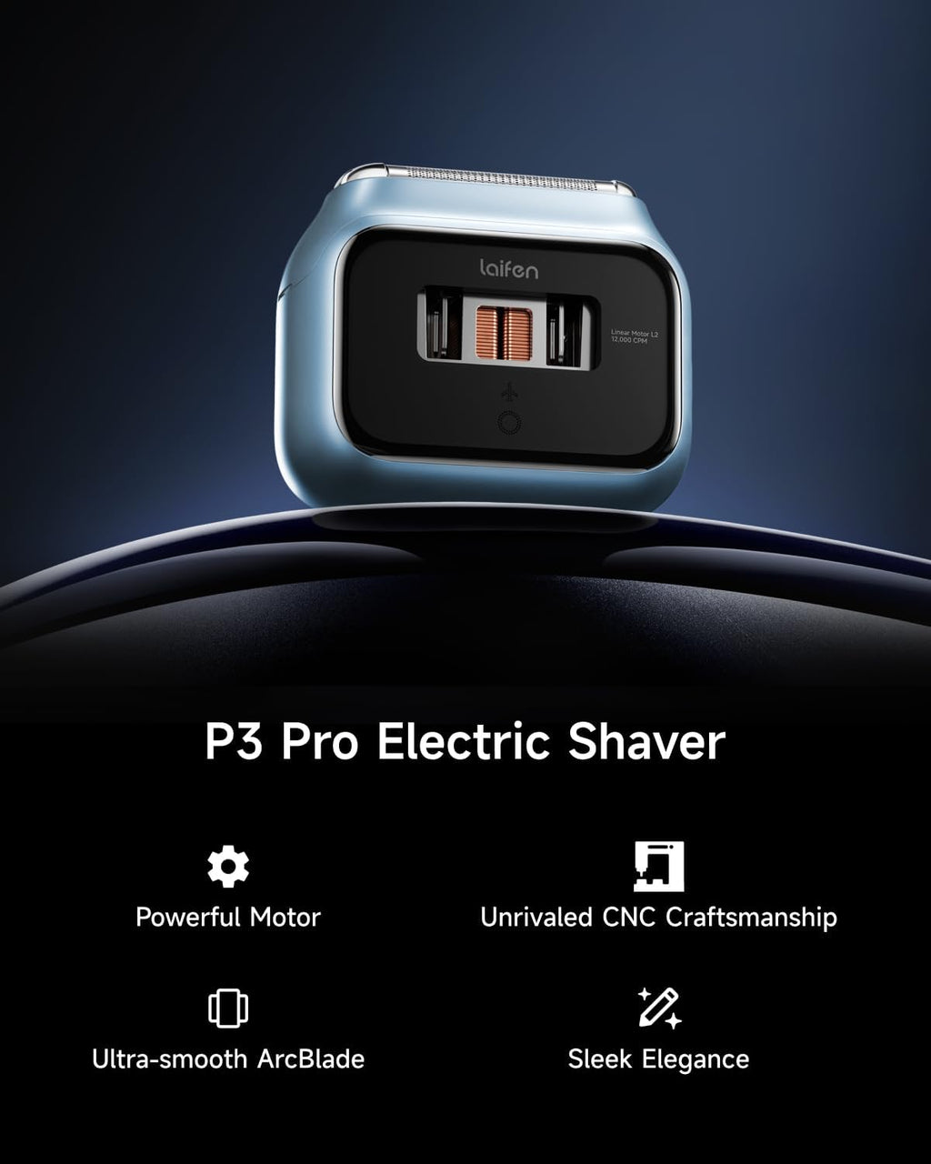 Laifen P3 Pro 3-Blade Electric Shaver, Dual Linear High-Speed Motors 12,000 Cuts/Min, 100-Min Runtime, IPX7 Waterproof, Rechargeable Electric Razor for Men, Travel-Friendly (Blue Aluminum Alloy)