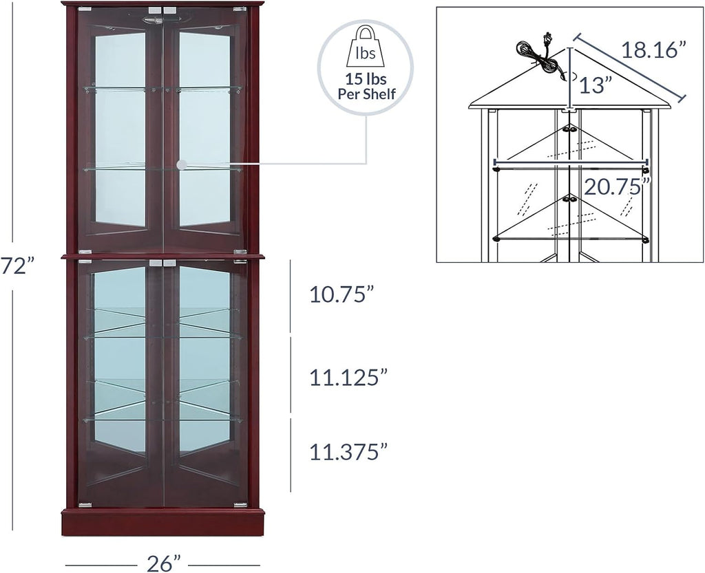 BELLEZE Lighted Corner Display Curio Cabinet Wooden Shelving Unit with Tempered Glass Door, Bar and Liquor Storage Area with 6 Shelves - Woody (Cherry)