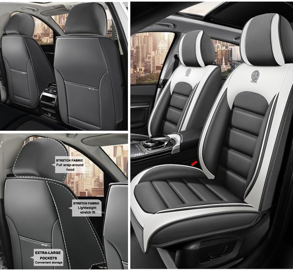 2 Seat Covers for Volvo XC90 2006-2024 Leather Car Seat Covers Waterproof Soft Car Seat Protectors Comfort Premium Automotive Seat Covers with Airbag（Standard,White+Gray）