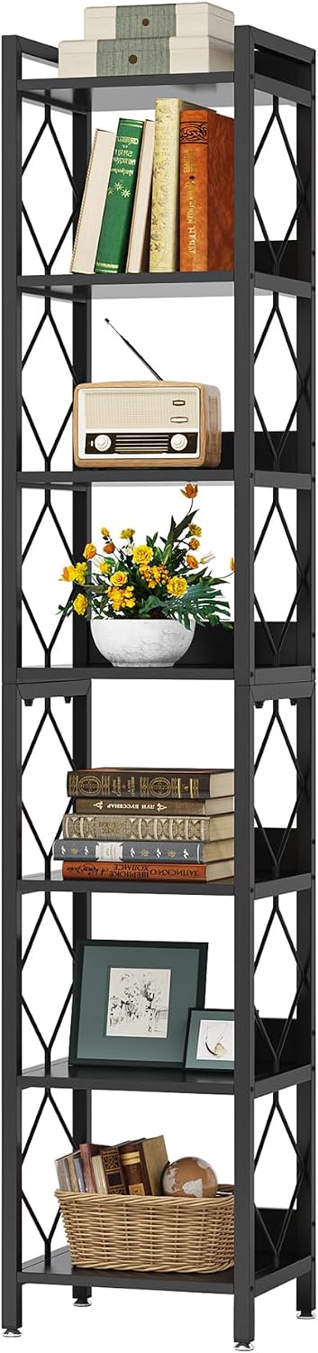 Tribesigns 78.7 Inch Extra Tall Narrow Bookshelf, 7 Tier Skinny Bookcase for Small Spaces, Freestanding Display Shelves, Multifunctional Corner Storage Organizer for Home Office, Black