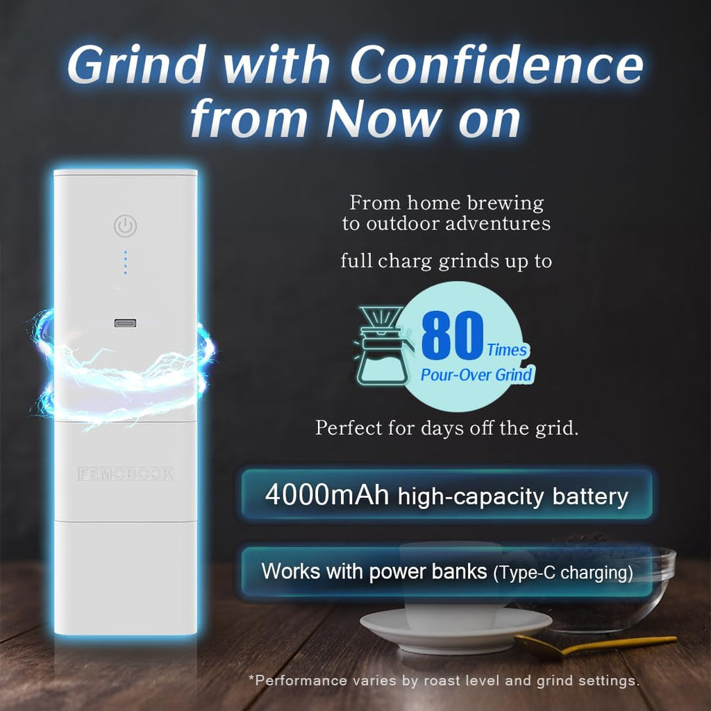 Femobook-A2 Portable Electric Coffee Grinder, Cordless Burr Grinder USB Rechargeable Coffee Grinder Magnetic Grounds Cup for Travel & Home Brewing, White