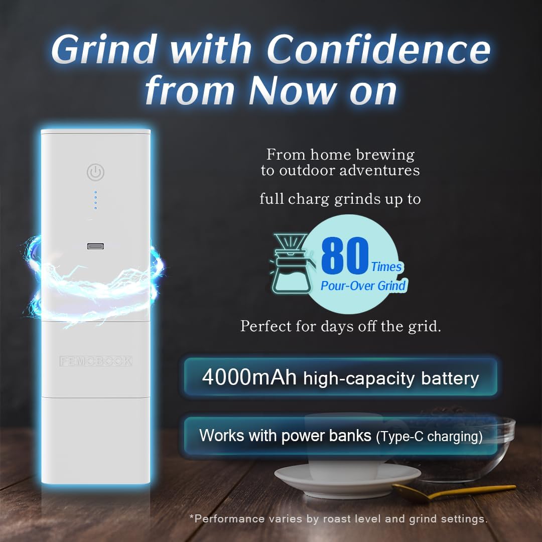 Femobook-A2 Portable Electric Coffee Grinder, Cordless Burr Grinder USB Rechargeable Coffee Grinder Magnetic Grounds Cup for Travel & Home Brewing, White