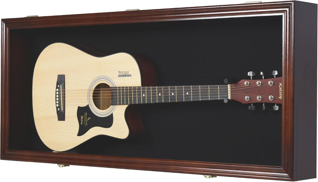 DisplayGifts 42' Electric Guitar Display Case Cabinet Shadow Box with Guitar Hanger Stand, Lockable UV Protection Black Felt Interior with Mahogany Finish Frame