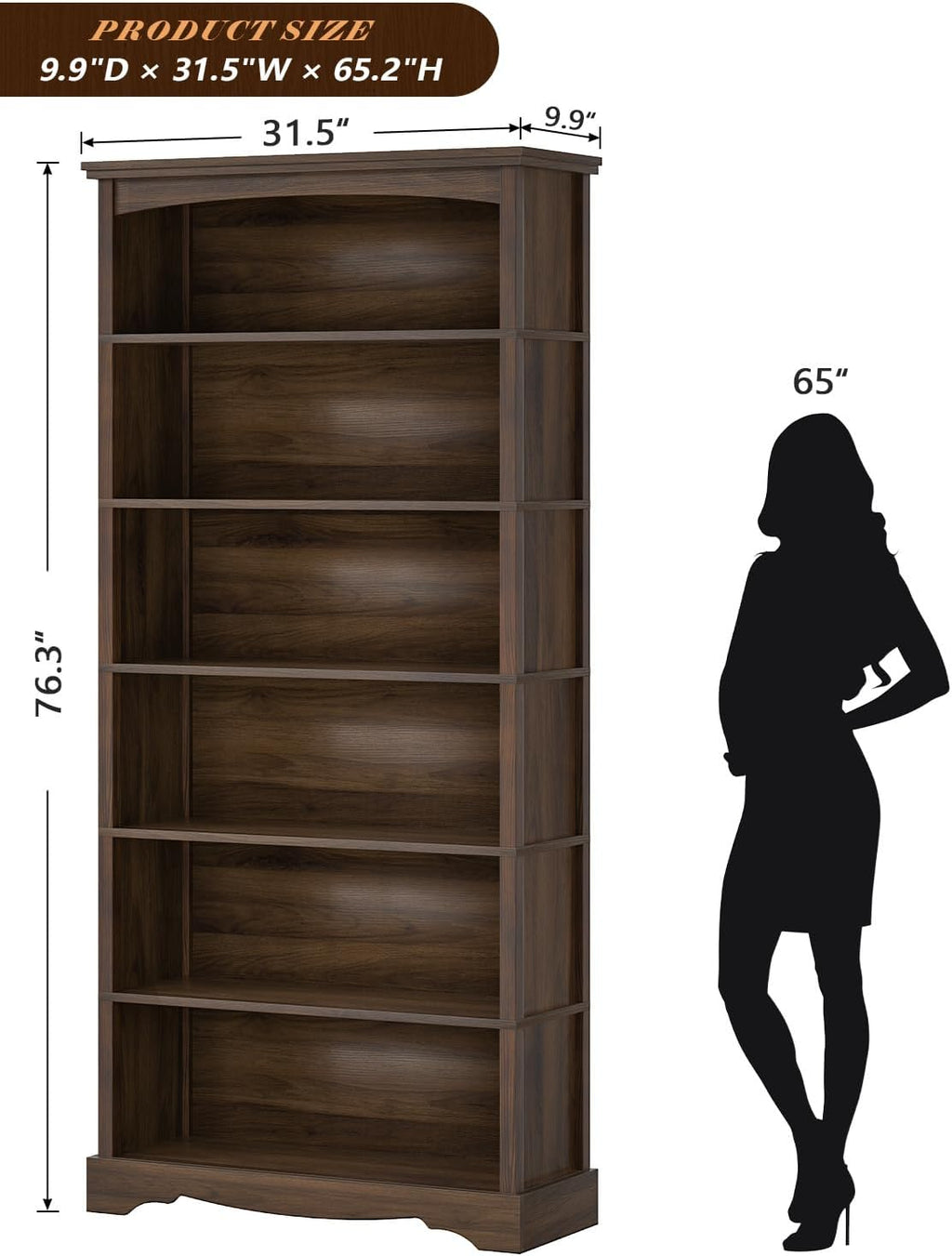 TVU 6-Tier Wooden Bookshelf, 76 Inch Tall Bookshelf with Storage, Floor Standing Modern Style Display Bookcase for Living Room, Office, Study Room, Entryway, Brown