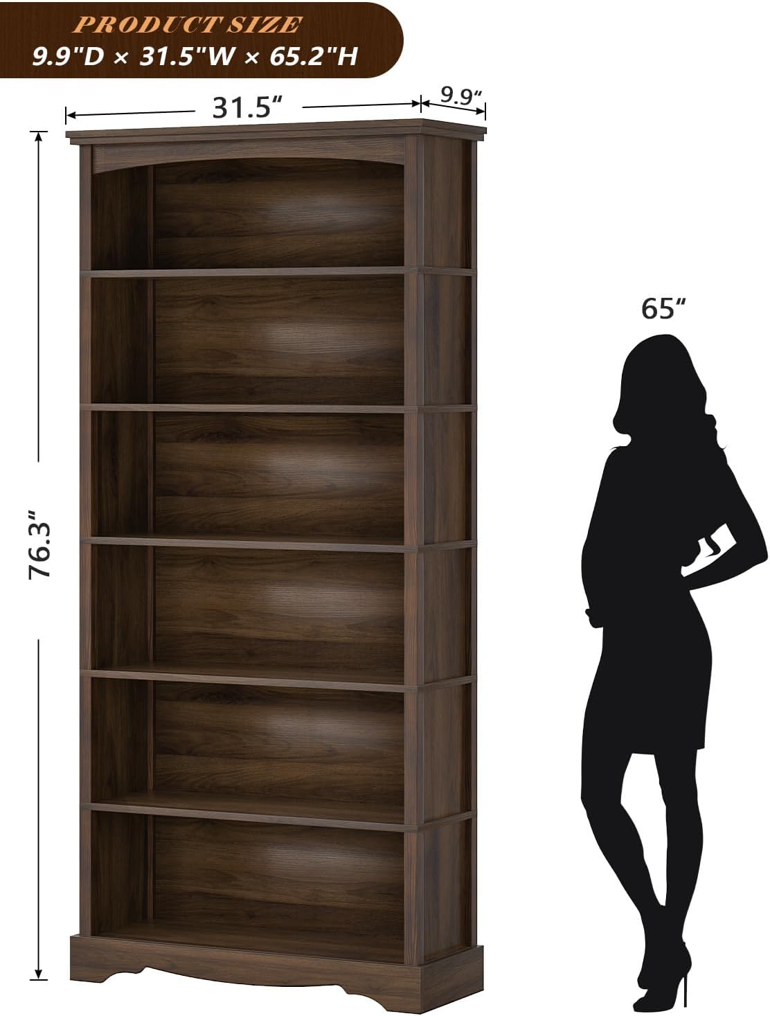 TVU 6-Tier Wooden Bookshelf, 76 Inch Tall Bookshelf with Storage, Floor Standing Modern Style Display Bookcase for Living Room, Office, Study Room, Entryway, Brown