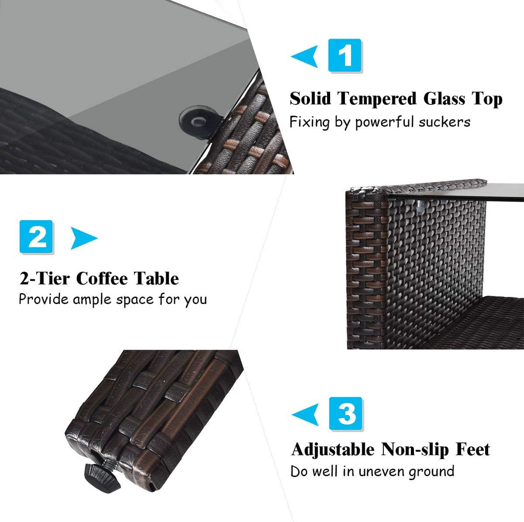 Tangkula 4 Piece Patio Furniture Set, Outdoor Wicker Conversation Set with Glass Top Coffee Table, All Weather Proof and Thick Cushions, Suitable for Porch, Garden, Poolside and Lawn (Turquoise)
