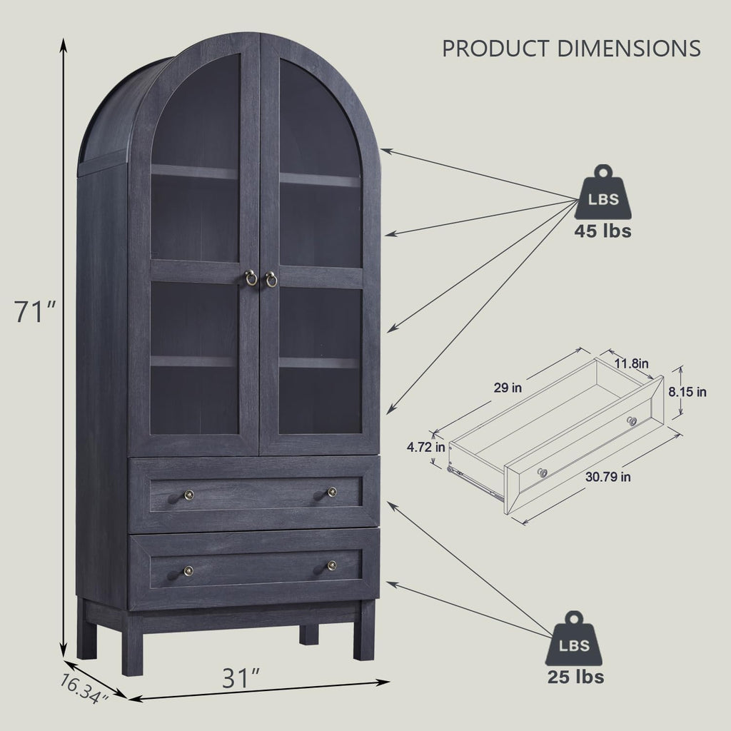 IFGET 71' Tall Arched Kitchen Pantry Cabinet, Wood Kitchens Storage Cabinets with 2 Large Drawers and Adjustable Shelves, Modern Farmhouse Versatile Cupboard for Kitchen, Dining Room, Bathroom, Grey