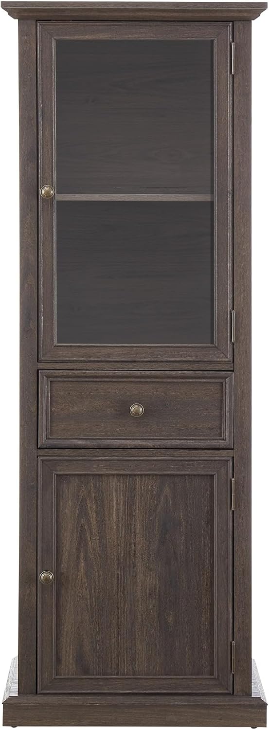 65' Tall Bookcase with Tempered Glass Door, Elegant Freestanding Display Cabinet with Drawer, Modern Wooden Kitchen Pantry Storage Cabinets for Living Room/Office(Brown)