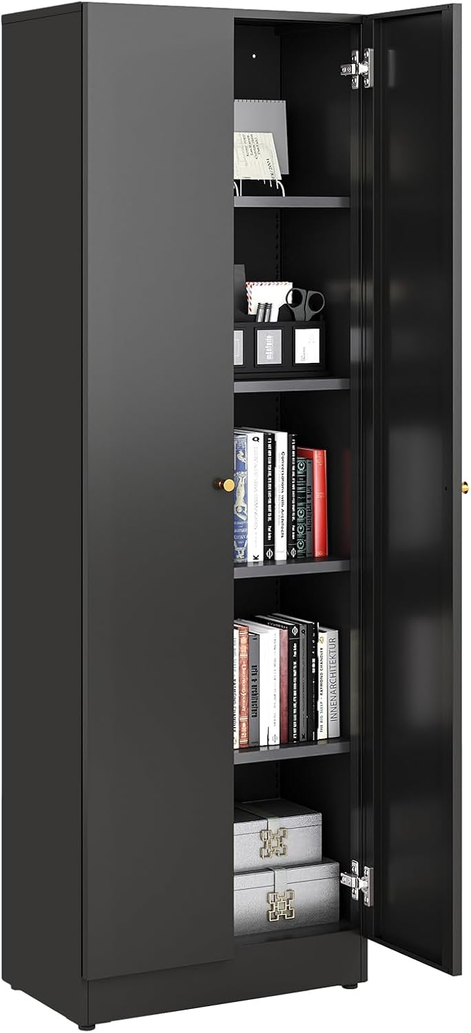 Metal Storage Cabinet with Doors, Black Bookshelf with Adjustable Shelves, Garage Storage Cabinet, 5 Tier File Cabinets, Tall Bookshelf Enclosed Bookcase for Home Office, Living Room, Library